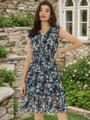 Floral Flutter Sleeve V Neck Smocked Ruffle Dress