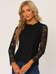 Lace Long Sleeve Ruffle Stand Neck Floral Blouse