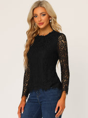 Lace Long Sleeve Ruffle Stand Neck Floral Blouse