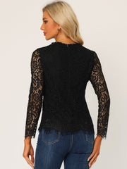 Lace Long Sleeve Ruffle Stand Neck Floral Blouse