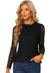 Lace Long Sleeve Ruffle Stand Neck Floral Blouse