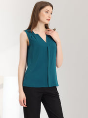 Sleeveless Work Top Pleated Chiffon V Neck Blouse
