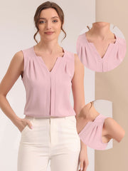Sleeveless Work Top Pleated Chiffon V Neck Blouse