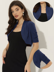 Short Ruched Sleeve Open Front Knit Cropped Bolero Shrugs