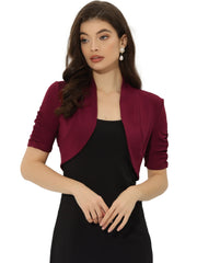 Short Ruched Sleeve Open Front Knit Cropped Bolero Shrugs