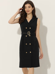 Sleeveless Notched Lapel Double Breasted Belted Office Blazer Dress