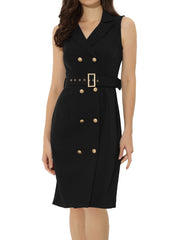 Sleeveless Notched Lapel Double Breasted Belted Office Blazer Dress