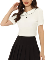 Peter Pan Collar Contrast Trim Puff Sleeve Blouse