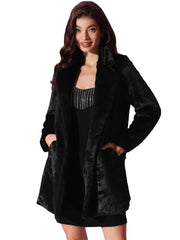 Lapel Collar Faux Fur Fuzzy Winter Warm Pockets Coat