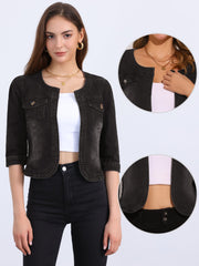 Denim Collarless Pockets 3/4 Sleeve Feminine Style Jacket