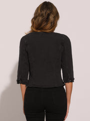 Denim Collarless Pockets 3/4 Sleeve Feminine Style Jacket