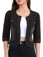 Denim Collarless Pockets 3/4 Sleeve Feminine Style Jacket
