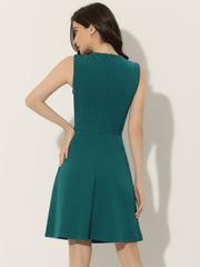 Round Neck Solid Color Sleeveless A-Line Work Midi Dress