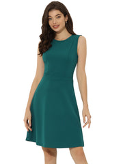 Round Neck Solid Color Sleeveless A-Line Work Midi Dress