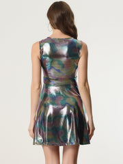 Sleeveless Metallic A-Line Club Party Holographic Mini Dress