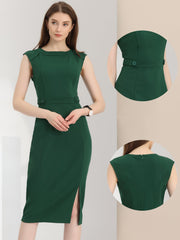 Round Neck Slim Fit Sleeveless Split Work Pencil Sheath Dress
