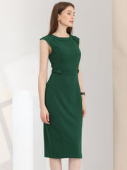 Round Neck Slim Fit Sleeveless Split Work Pencil Sheath Dress
