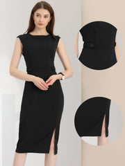 Round Neck Slim Fit Sleeveless Split Work Pencil Sheath Dress
