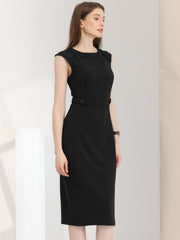 Round Neck Slim Fit Sleeveless Split Work Pencil Sheath Dress