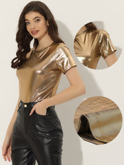Party Metallic Textured Short Sleeve Shiny Multicolor Top