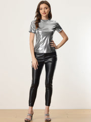Party Metallic Textured Short Sleeve Shiny Multicolor Top