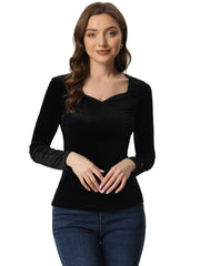 Casual Velvet Long Sleeve Solid Color Sweetheart Neck Blouse