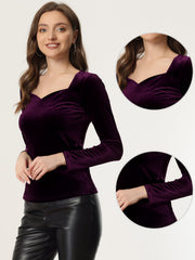Casual Velvet Long Sleeve Solid Color Sweetheart Neck Blouse