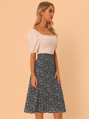 Floral Peasant Elastic Waist A-Line Ditsy Leave Midi Skirt