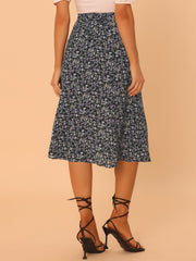 Floral Peasant Elastic Waist A-Line Ditsy Leave Midi Skirt
