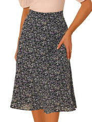 Floral Peasant Elastic Waist A-Line Ditsy Leave Midi Skirt