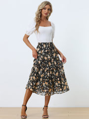 Chiffon Floral Printed Long Tiered Ruffle Boho Midi Skirt