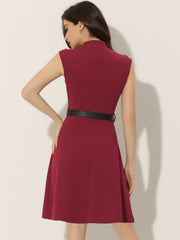 Office V Neck Work Sleeveless A-line Midi Solid Belted Dress