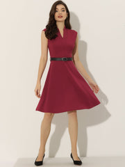 Office V Neck Work Sleeveless A-line Midi Solid Belted Dress