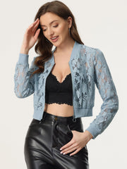 Stand Collar Zip Up Mesh Sheer Lace Crop Bomber Jacket
