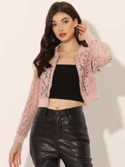 Stand Collar Zip Up Mesh Sheer Lace Crop Bomber Jacket
