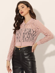 Stand Collar Zip Up Mesh Sheer Lace Crop Bomber Jacket