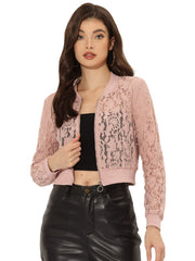 Stand Collar Zip Up Mesh Sheer Lace Crop Bomber Jacket