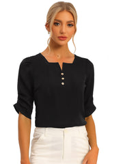 Square Neck Pleated Tops Ruched Sleeve Chiffon Office Work Blouse