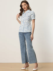 Floral Printed Peter Pan Collar Cotton Short Sleeve Shirt