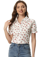 Floral Printed Peter Pan Collar Cotton Short Sleeve Shirt
