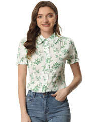 Floral Printed Peter Pan Collar Cotton Short Sleeve Shirt