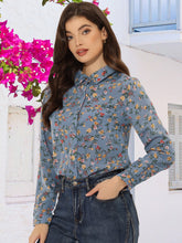 Button Down Floral Shirt Blouse Long Sleeve Point Collar Top