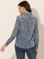 Button Down Floral Shirt Blouse Long Sleeve Point Collar Top