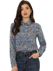 Button Down Floral Shirt Blouse Long Sleeve Point Collar Top