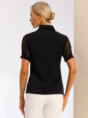 Button Down Shirt Sheer Short Sleeve Point Collar Work Tops