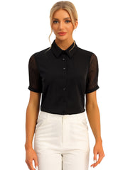 Button Down Shirt Sheer Short Sleeve Point Collar Work Tops