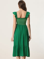 Boho Square Neck Ruffle Tiered Flowy Smocked Midi Dress Sundress