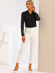 V Neck Point Collar Mesh Sleeve Button Down Work Office Shirt