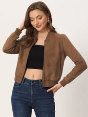 Faux Suede Crop Stand Collar Zip Up Biker Moto Bomber Jackets