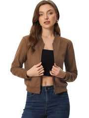 Faux Suede Crop Stand Collar Zip Up Biker Moto Bomber Jackets
